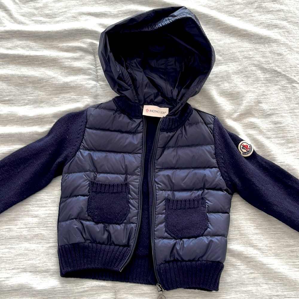 Moncler Blue Puffer Jacket with Hood and Quilted Panels
